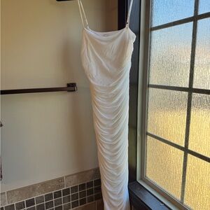 Chic White Ruched Midi Dress